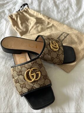 Gucci Brown GG Canvas Slide Mules with Gold Double G